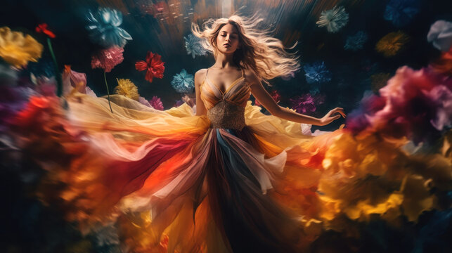 Woman in an ethereal coloured dress with flowers floating around the image. Generative ai.