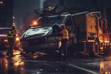 A tow truck operator removing a damaged vehicle from an accident scene, showcasing the importance of tow trucks in emergency situations. Generative AI.