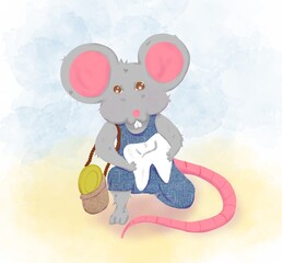 Ratoncito Pérez con diente y bolsa con moneda de oro. Ratón Perez sujetando diente caído de una niño o niña y la moneda de regalo. Ilustración 