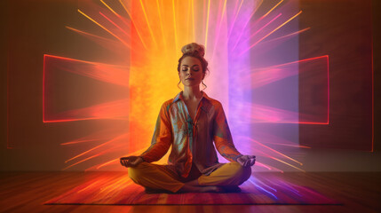 Woman meditating with colourful energy appearing behind her. Generative AI