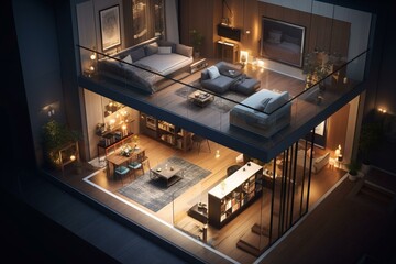 3D digital art of interior architecture with open living room in isometric view. Generative AI