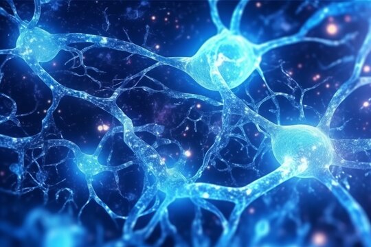 Glowing brain nerve cell. Specialized cell transmitting nerve impulses. System neuron of brain with synapses. Brain medicine biology. Generative AI
