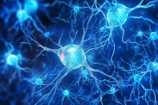 Glowing brain nerve cell. Specialized cell transmitting nerve impulses. System neuron of brain with synapses. Brain medicine biology. Generative AI