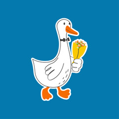 Vector illustration with cute and funny goose. Trendy typography sticker with text and bird.