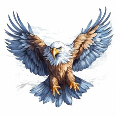 An vector illustration of a majestic eagle, soaring through the sky with its wings spread wide on white background. Printable design for tattoo, wall art, posters, t-shirts, mugs, cases. Generative AI