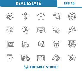 Real Estate Icons. House, Home, Bathroom, Home Improvement, Repair, Realtor, Tools, Key, Hand, Family, Household Vector Icon Set