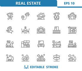 Fototapeta premium Real Estate Icons. House, Home, Household, Family, Repair, Home Improvement, Dining Room, Living Room, Bedroom, Kitchen, Bathroom, City Vector Icon Set