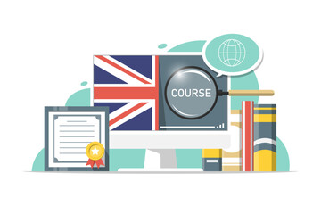 Online English language education course, Computer PC with certificate frame, magnifying, flag, book on isolated background, Digital marketing illustration.