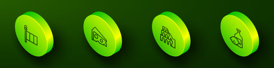 Set Isometric line Flag Italy, Cheese, Coliseum in Rome and Limoncello bottle icon. Vector