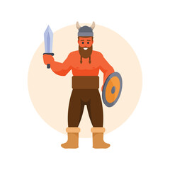 Viking warrior with sword and shield. Vector illustration in flat style