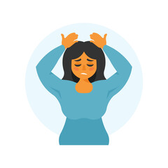 Woman suffering from headache, migraine, stress. Vector illustration in flat style