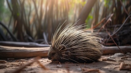  a porcupine walking on the ground in a forest.  generative ai