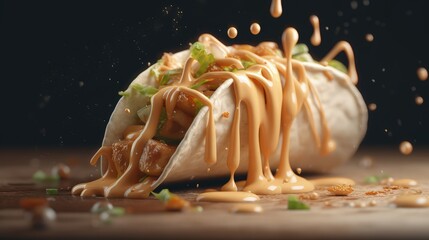 Delicious Taco with sauce, vegetables and meat, junk food delicacy, fast food generative ai