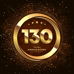 130th anniversary logo with double rings and gold font decorated with glitter and confetti