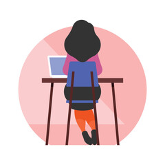Back view of girl sitting at table and using laptop. Vector illustration