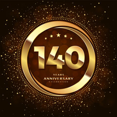 140th anniversary logo with double rings and gold font decorated with glitter and confetti