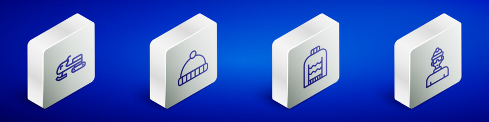Set Isometric line Snowmobile, Winter hat, Christmas sweater and athlete icon. Vector