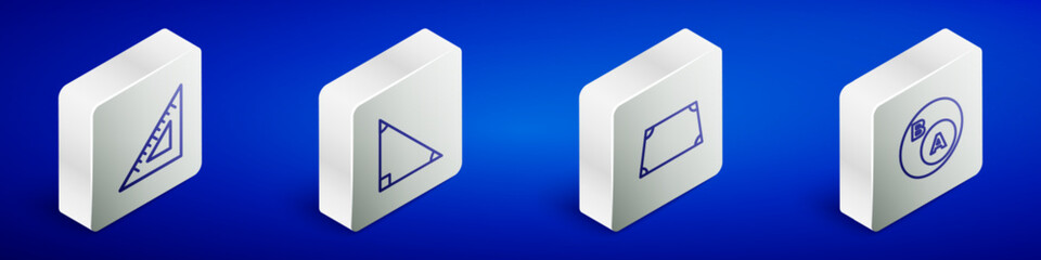 Set Isometric line Triangular ruler, Triangle math, Acute trapezoid shape and Subsets, is subset of b icon. Vector