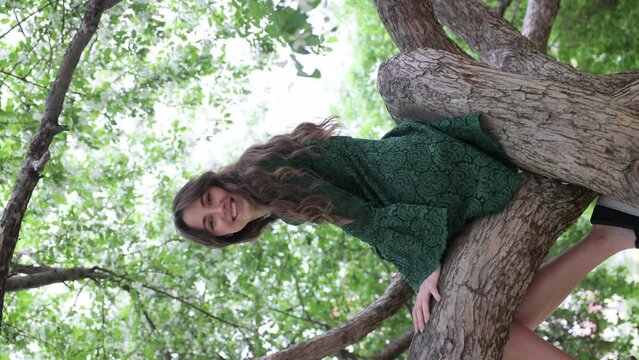 A young woman sits on a branch of a blooming apple tree in the woods and enjoys the apple blossoms