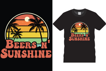 beers and sunshine illustration graphic art cotton type usa textile business clothes and wear. apparel graphic palm, sunrise, alcohol, bar, drinks, frame, denim art illustration  t shirt, poster