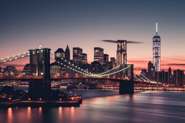 Fototapeta na wymiar Stunning NYC Manhattan skyline featuring Brooklyn Bridge at dusk. Generative AI