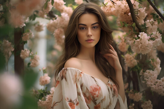 fashion brunette woman outdoor in elegant dress posing in blooming garden photo. AI generative