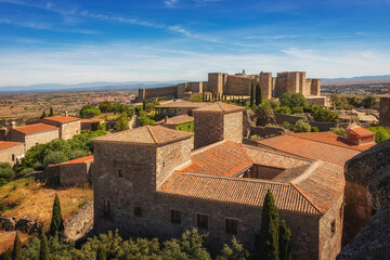 View of the Palacio de Lorenzana and Alcazaba Castle from the bell tower of the Church of Santa Maria La Mayor. Trujillo, Extremadura, Spain. 