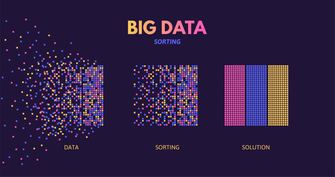 Big Data Sorting. Machine Learning Algorithm Visualization, Digital Database Analysis And Chaotic Data Pattern Recognition Science Vector Concept Illustration