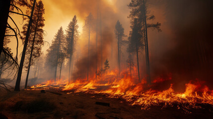 Inferno Unleashed: A Massive Wildfire Blazing Through a Forested Area, generative AI