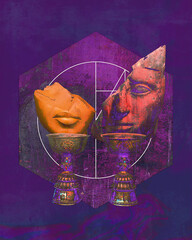 Can We Know Each Other. Broken Fragments of Egyptian Pharaoh with grails and geometry, Mixed medium art illustrations of archetypal themes.  - 601792786