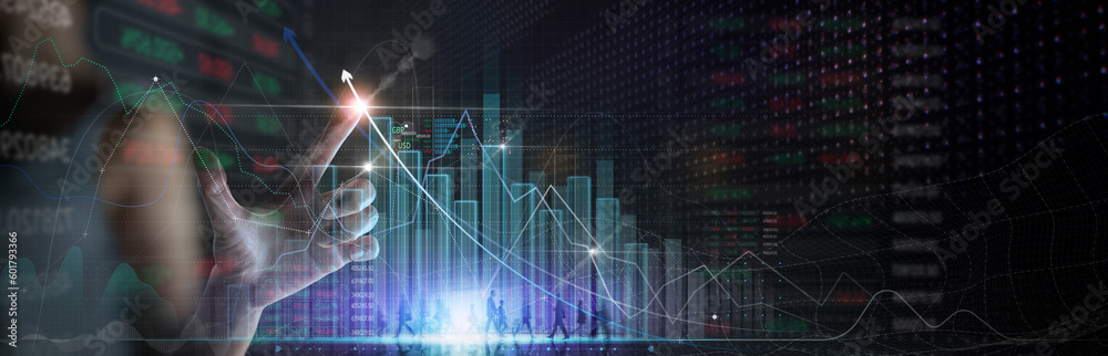 Poster Businesswoman working  growth graph business planning and strategy and progress of business and analyzing financial and investment data, development of success,  index background.