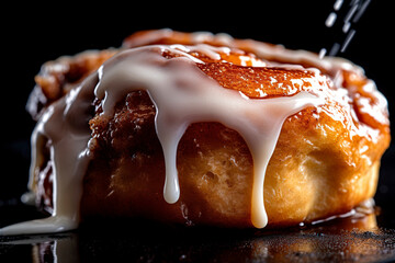Freshly baked cinnamon roll, revealing its warm, fluffy layers and the drizzle of gooey icing on top.