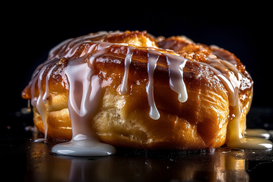 Freshly baked cinnamon roll, revealing its warm, fluffy layers and the drizzle of gooey icing on top.