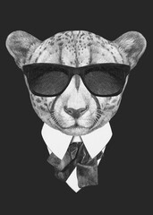 Portrait of Cheetah in suit. Hand-drawn illustration.