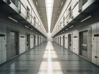 A prison hallway with empty cells on either side