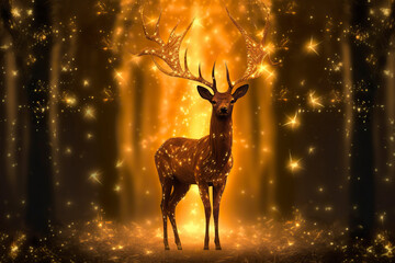 Reindeer, golden glowing lights. Generative AI.