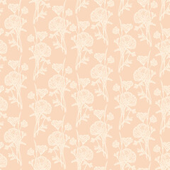 Seamless floral pattern with beige ink flowers isolated on pink. Doodle poppy sketch