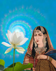 India woman with Lotus blossom illustration,  - 601794389