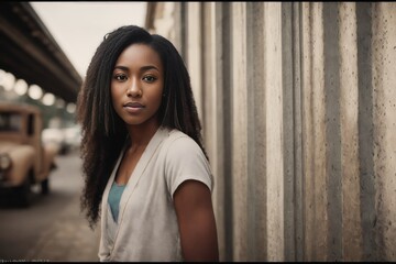 Fototapeta premium Portrait of the smiling an African American female factory worker and industry background. Generative AI
