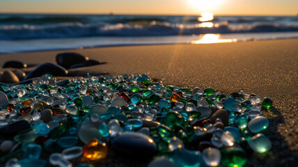 Fototapeta na wymiar Blue glass beads scattered on a beach, their rounded forms and rich colors of light teal and dark emerald reflecting the sunlight.