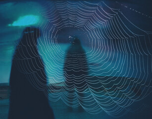 Shadow stalking illustration with spider web.  - 601794765