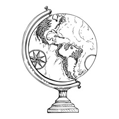 Ink hand drawn vector sketch of isolated object. Old vintage globe with world map for navigation, orientation. Americas view. Design for tourism, travel, brochure, wedding, guide, print, card, tattoo.