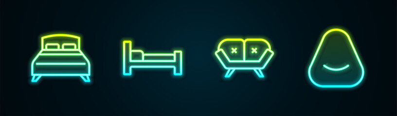 Set line Big bed, Bed, Sofa and Pouf. Glowing neon icon. Vector