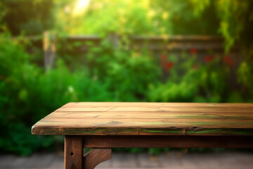Empty wooden table in natural green garden outdoor, Generative AI