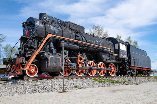 SHARYA, RUSSIA - APRIL 30, 2023: Soviet steam locomotive-monument of L series close-up on a sunny spring day