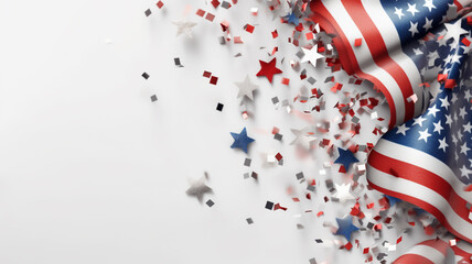 Obraz premium Happy Presidents Day banner mockup with American flags, confetti and ribbon. USA Independence Day, American Labor day, Memorial Day, US election concept, Generative AI