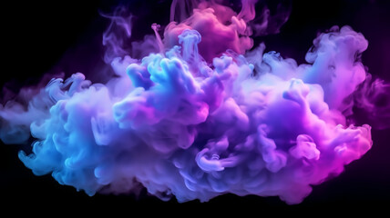 Fototapeta premium Neon blue and purple multicolored smoke puff cloud design elements on a dark background, Generative AI