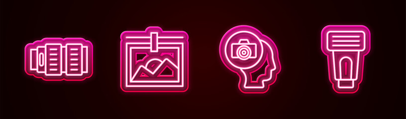 Set line Camera photo lens, Photo frame, camera and flash. Glowing neon icon. Vector