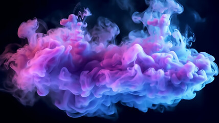 Fototapeta premium Neon blue and purple multicolored smoke puff cloud design elements on a dark background, Generative AI