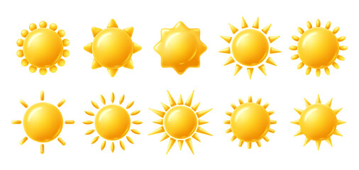 Sun 3D icons. Yellow brightness symbol, sun with rays shape, clear sunny day and hot temperature weather vector illustration set © WinWin